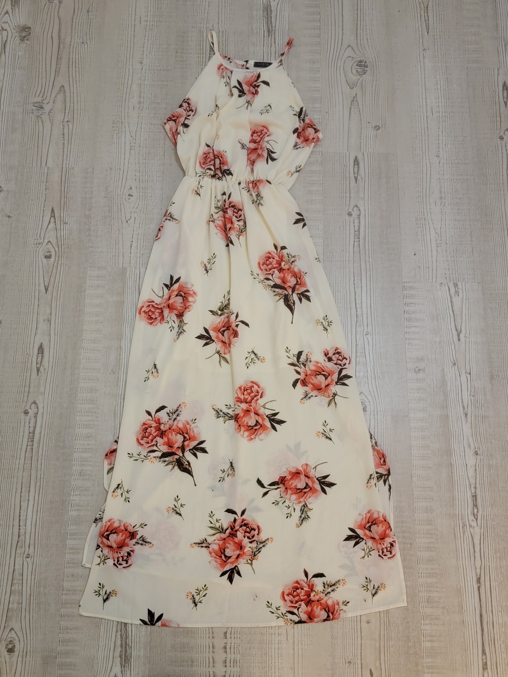 Cream Floral Halter Maxi Dress with Pink Roses Small Vacation Beach Party Spring